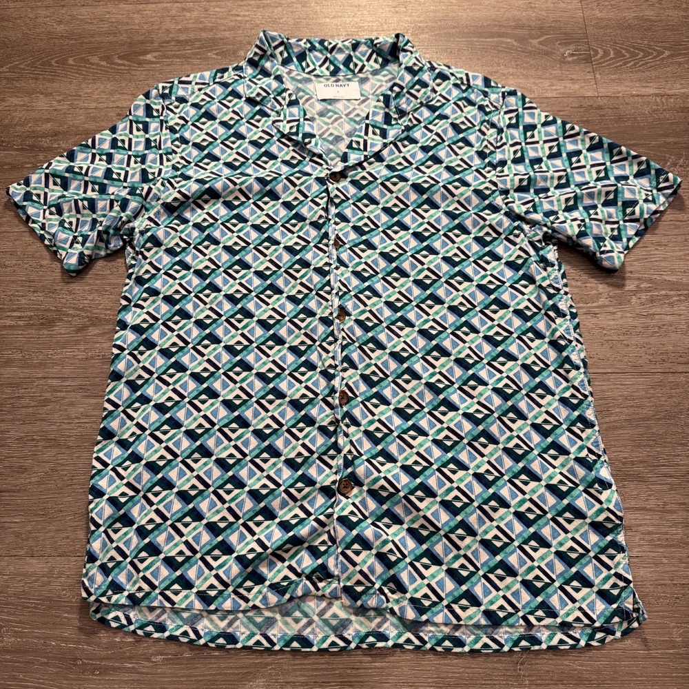 Old Navy Shirt Mens Small‎ Blue Geometric Short Sleeve Camp 100% Rayon Viscose